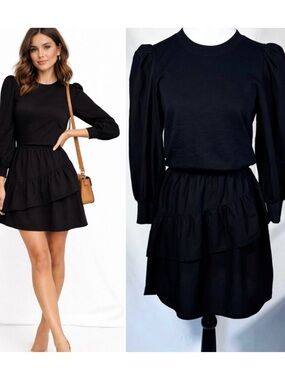 Nation LTD Tenley Black Puff Sleeve Asymmetrical Ruffle Tiered Mini Dress~S🧡